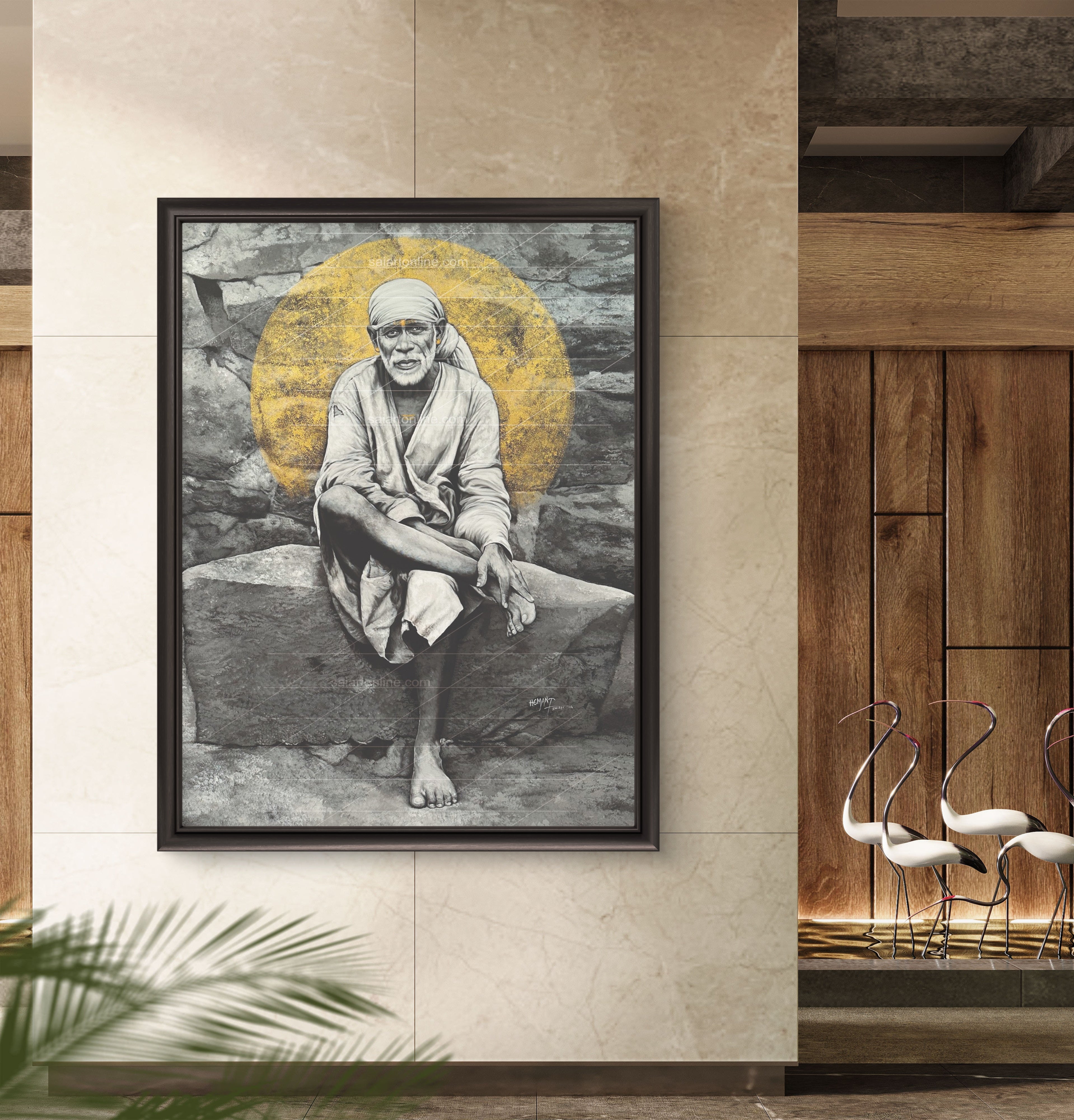 Shirdi Sai Baba Photo Sitting On Stone Hand Painting Canvas Reprint Wall Art Decor photo, Picture/Poster